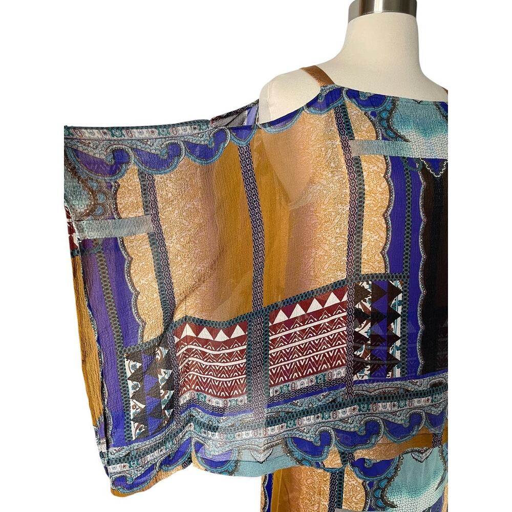Etro Patchwork Cold Shoulder Dress Silk Paisley Cape Sleeve Blue Black 44 M US 8 - Picture 4 of 10